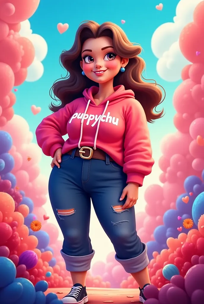 Cute chubby but cool woman named puppychu written on her clothes, with background LRWS