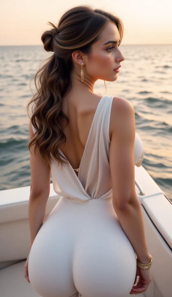 A 30-year-old woman is on a speedboat, wearing an elegant white dress with sleeveless sleeves, with a deep neckline and a translucent fabric detail that falls softly on her back. She has dark brown hair tied in a romantic bun.  She wears earrings and a gol...