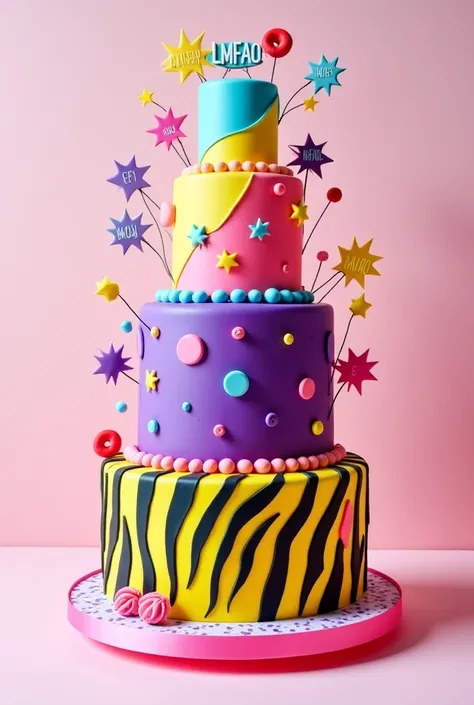 Now make a cake with 3 tiers, the bottom tier is zebra print the middle tier is just neon purple, the top tier should be yellow blue and pink and add LMFAO decor