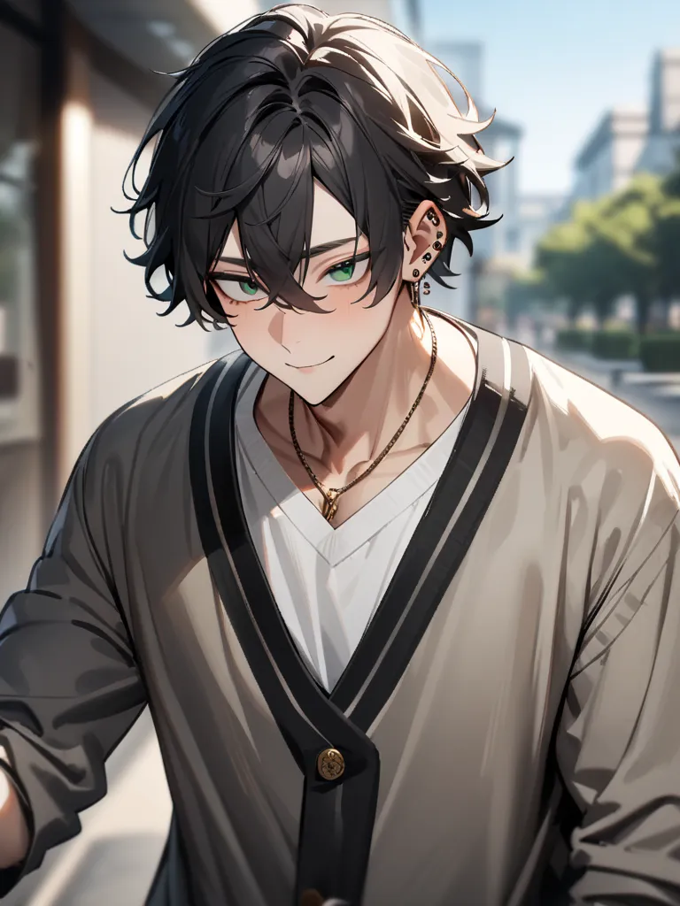 1boy ,  male,  youth,  college student ,  Gold, Loose perm, mash, textured skin,  bangs between your eyes, droopy eyes, long lashes for muscular body, green eye, background blur, University garden in the background, close all buttons on the v-neck cardigan...