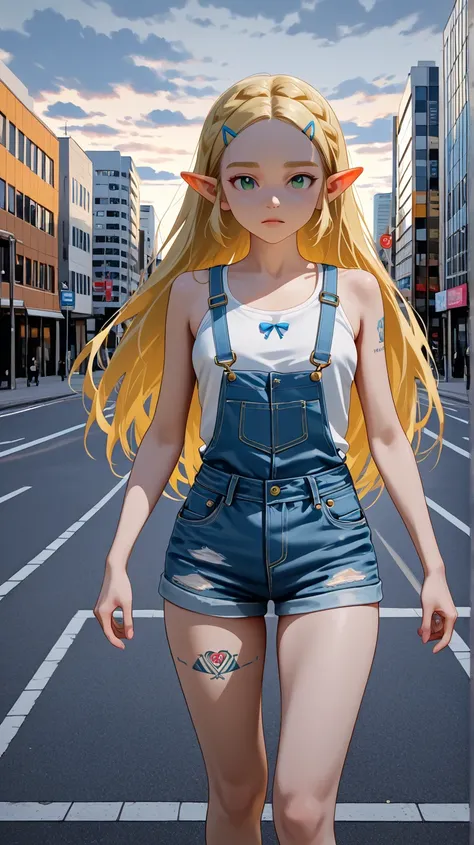 Princess Zelda in the real world,  white tank top, short jeans, tattoo of a bow on the thigh