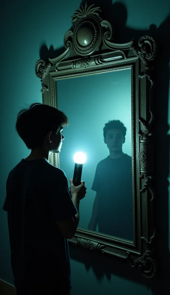 in the dark, lit by a flashlight, a young adult, breaking with his foot, a large and old mirror