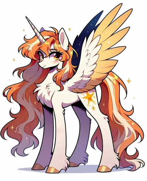  create a one that looks strong 《My Little Pony》Role，It's a lady celestial horn，Very tall ， with thick and long legs ， pale platinum-colored body，The white unicorn ，Has medium length orange hair with a bit of blond， The hairstyle is similar to Kiana's ，gol...