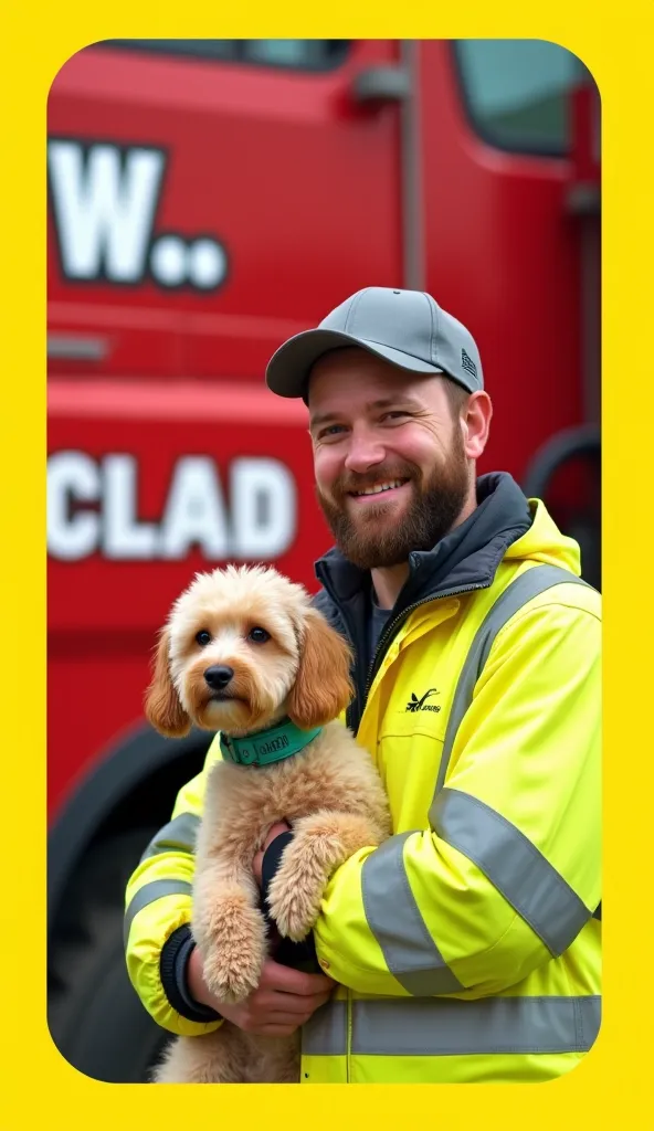 Image is a digital illustration with a bright and engaging style, featuring a man and a dog. The layout is centered, with the man on the right side holding a small dog. The man has light skin, a beard, and is wearing a gray cap and a high-visibility yellow...