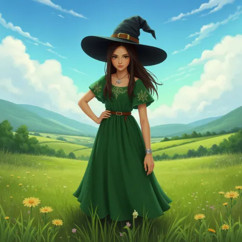  Tiffany Aching in a green dress and black witch hat, silver horse necklace, Brown eyes