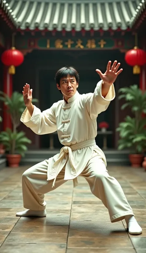 hiperrealista ""age Jackie Chan, , wearing white martial arts uniform, practicing kung fu in a 1960s Peking Opera School courtyard, sweat on forehead, determined expression, vintage Hong Kong film grain texture."