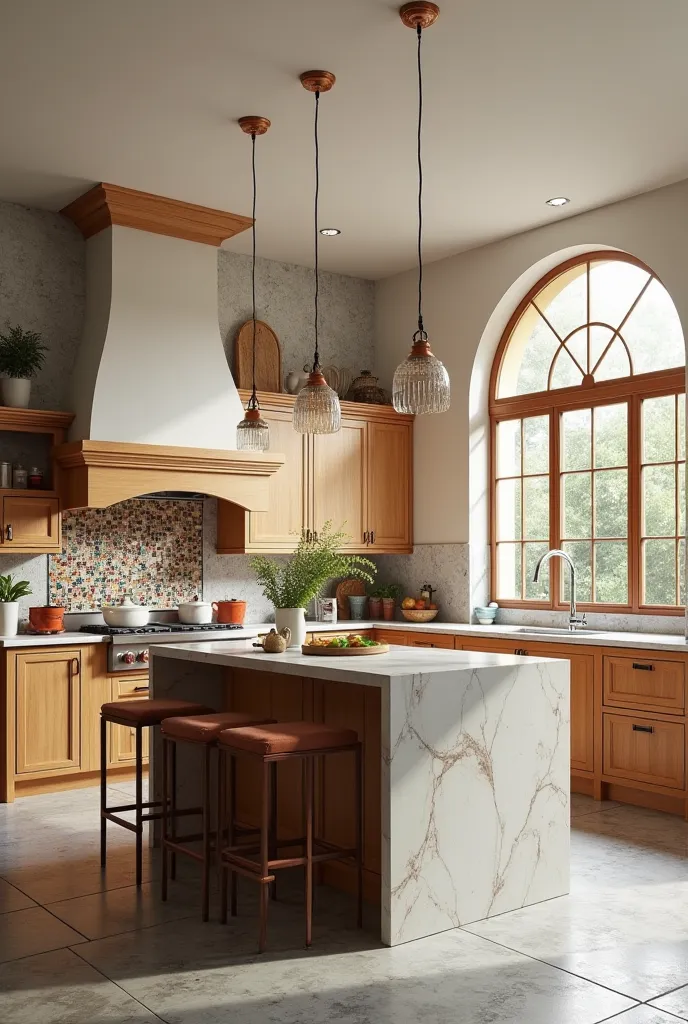 design me a modernized art nouveau open kitchen, off white wall with column of terracotta color, and grey stone flooring tiles. make colorful island for electric cooking stove top add another connected island for seating with pendants above them, make the ...