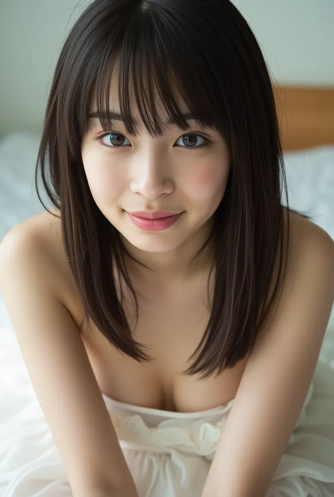 ultra-wide-angle lens,Japanese girl sitting on bed,(smile:1.0),half close eyes,very long straight hair,blunt bangs,It is a bright photo,japanese,looking viewer,age 18,close to face,(view from below:1.5),white Nipple Covers,Leaning forward,(hand job:1.3),(o...