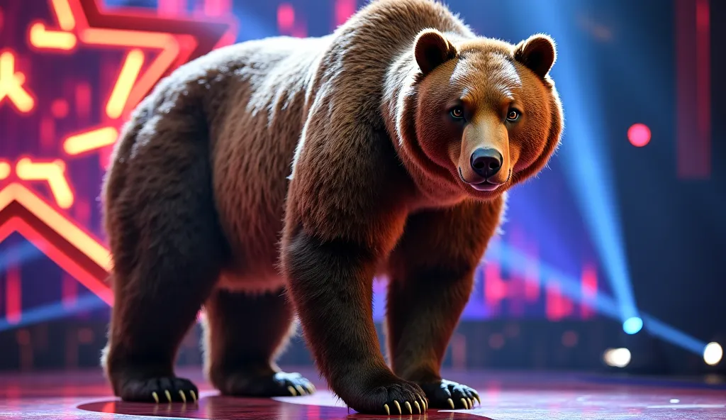 "Create a stunning hybrid creature combining a graceful woman and a powerful brown bear, standing on the America's Got Talent stage. The creature has the body of a strong, majestic brown bear covered in thick fur, but with elegant human-like arms and the d...