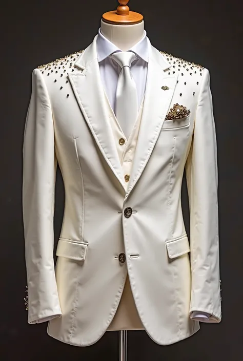 blazer/men 3pc suit hanging on the mannequin , have buttons, in white color, with little tiny beads and sequins  work till the mid of the jacket from the   shoulders and on the chest pocket little tiny beads work or design, with proper showroom lighting 