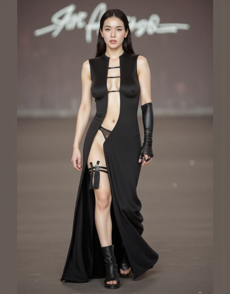 (((Full body view:1.8))), Cinematic photography of a tall skinny beautiful Korea sensual actress Bae Suzy with only wearing a very very revealing cross-shaped black string dress and thigh-high red leather boots is walking sensually on the very dark futuris...