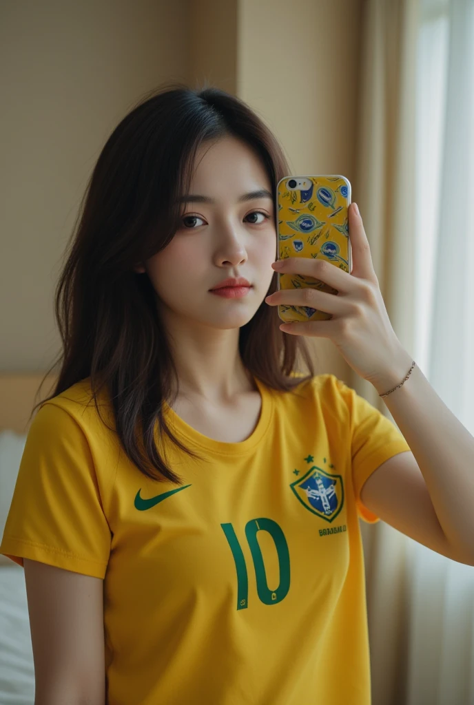 A young woman taking a selfie in the mirror.  She has long dark hair , smooth skin and a calm look. She wears a yellow jersey from the Brazilian soccer team,  with the number 10 printed . Your cell phone has a personalized cover, reflecting a striking deta...