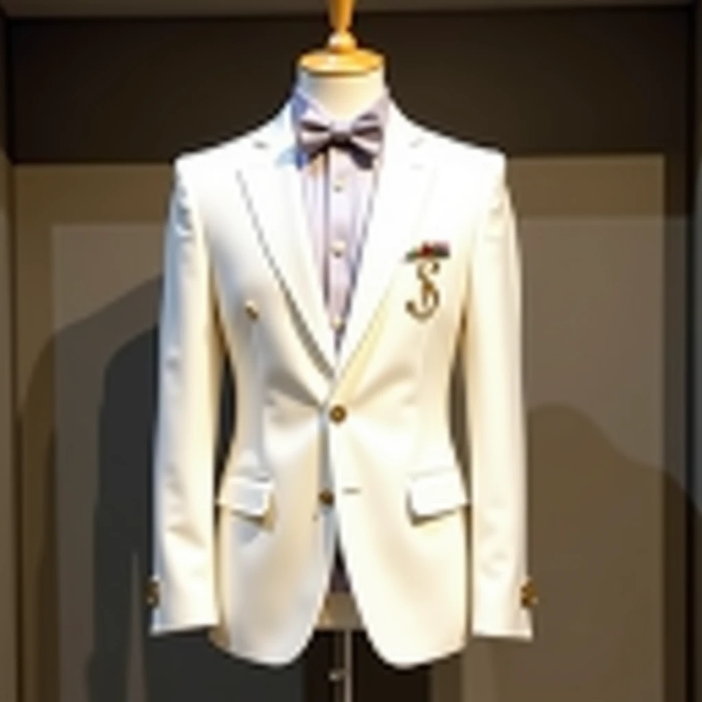 blazer/men 3pc suit hanging on the mannequin , have buttons, in white color, with little tiny beads and sequins  work till the mid of the jacket from the   shoulders and on the chest pocket very little tiny beads work or design, with proper showroom lighti...