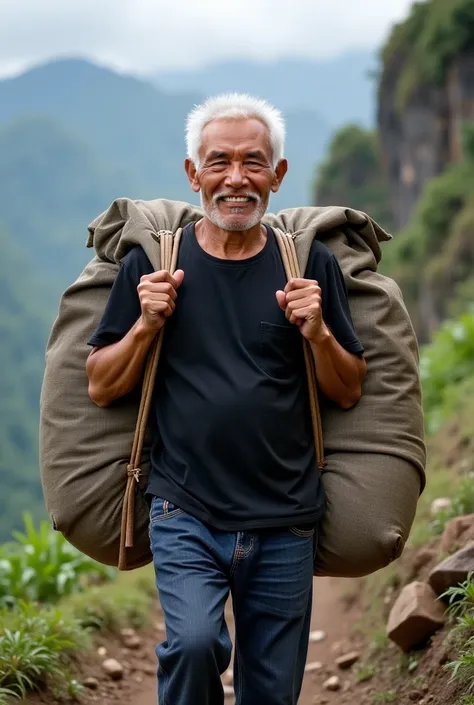 Front facing portrait , yanto is 60 years Indonesian man, with short Pixie straight white hair,   white mustache and a thin white beard,  wearing black t-shirt, dark blue jeans pant. He is  an Indonesian traditional mountain Porter,  carrying two large sac...