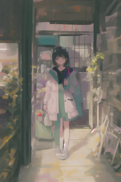 1girl, short black hair, green eyes, chibi only, cute, masterpiece, depth of field, best quality, great quality, vibrant lighting, pastel colors, pea coat, 1990's city aesthetic