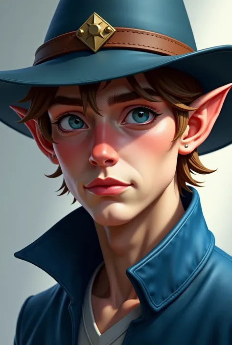 a close up of a man wearing a hat and a blue jacket, a character portrait inspired by Kieran Yanner, Artstation contest winner, fantasy art, a portrait of a male elf, beautiful male elf, a male elf, fantasy male portrait, portrait of a young elf wizard, ma...