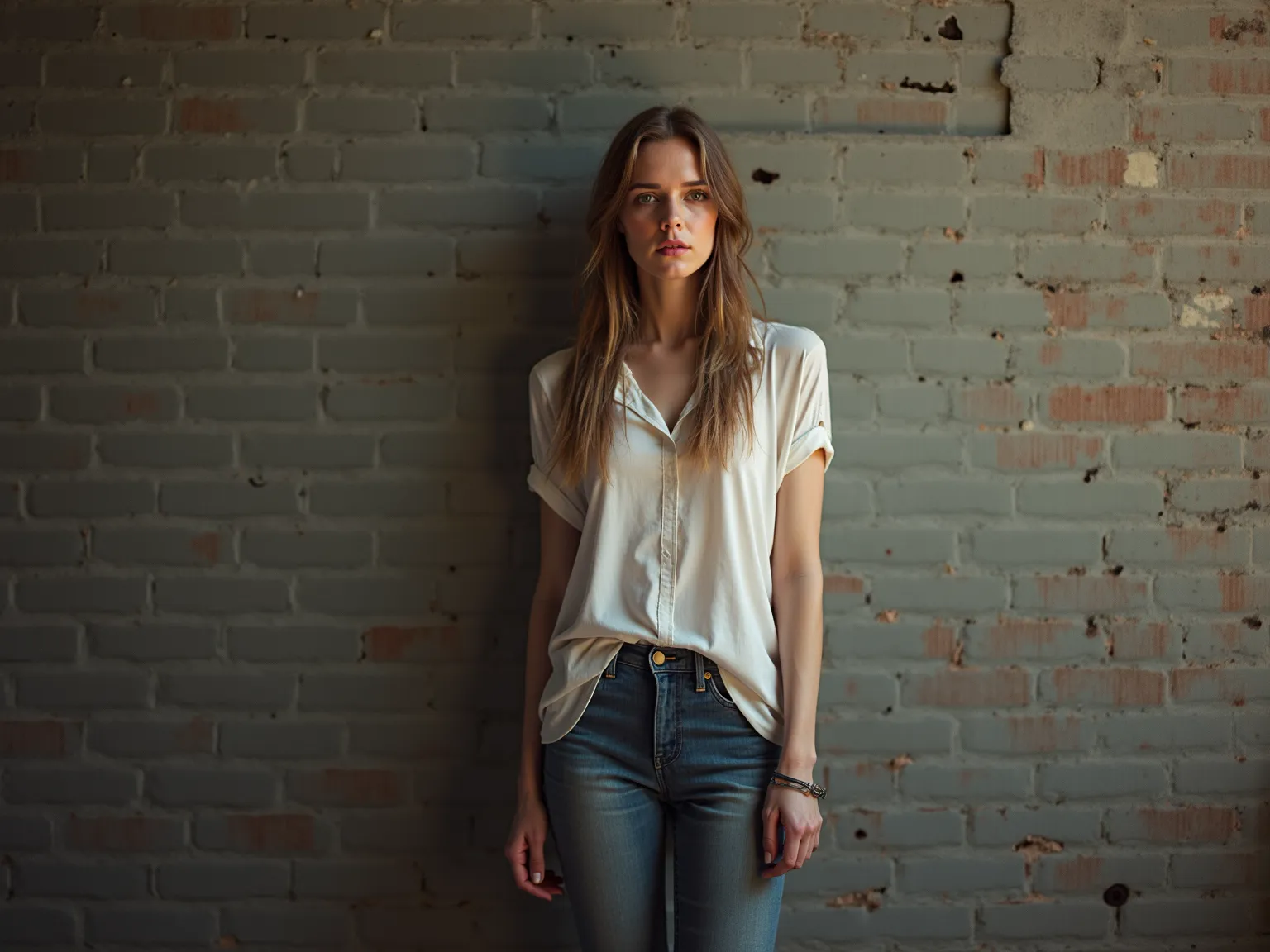  1girl , standing in front of a brick wall, 