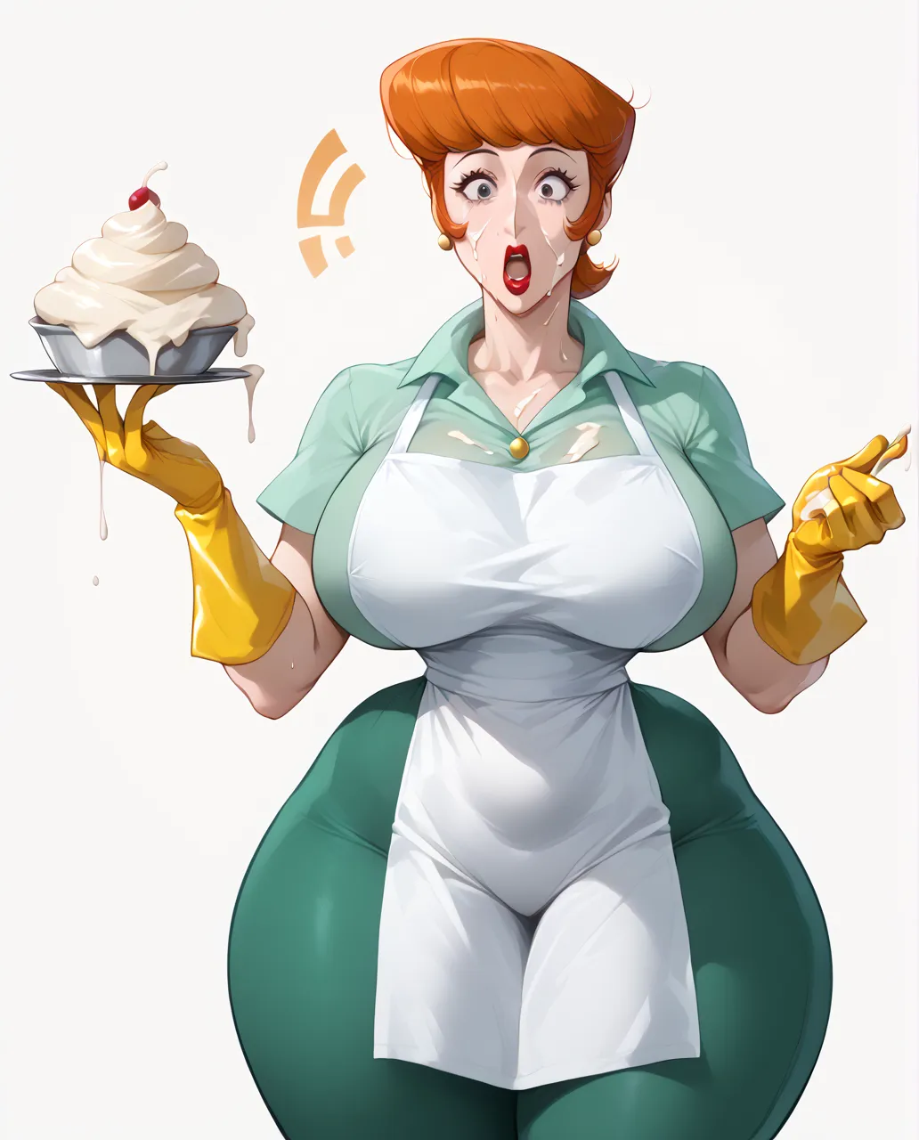 score_9, 1 girl, Alone,Dexter's mom,Mature Woman, Gloves, shirt, apron, moreover,portrait, mature mature,simple background, thick thighs , Wide Hips ,Thick Ass,Surprised,sweaty, (Spilling cream on body)