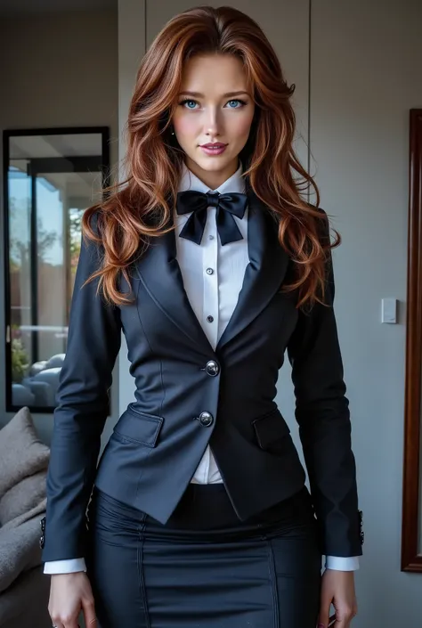 (absurdres, highres, ultra detailed), masterpiece, Phoebe (resident evil), ((solo)), long red hair, 1girl, skirt suit, tuxedo, black jacket, waistcoat, black bowtie, bodycon skirt, black clothing, miniskirt, closed mouth, standing, (((detailed lips))), ((r...