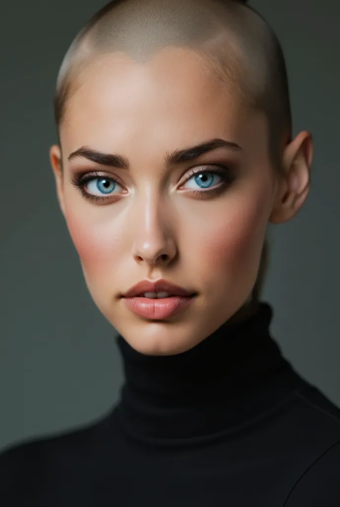 Create a close-up portrait of a woman with a smooth, bald head. Her face is the focus, showcasing her strong features and confident expression. The lighting should be soft and flattering, emphasizing the smoothness of her skin and the contours of her face....