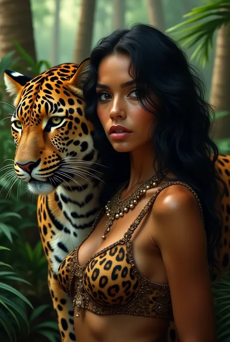 Give me the image of a beautiful Brazilian woman and her great jaguars bodyguard