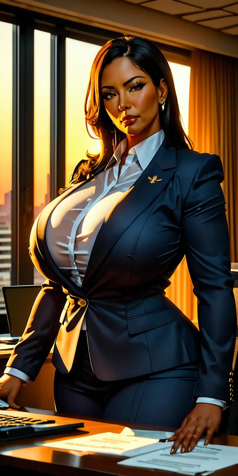 Central American Boss woman, in a suit, cleavage, massive breasts, erect nipples, in boss’s office at sunset, thick thighs, milf, motherly, sunset