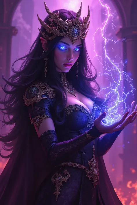 beautiful girl, black long hair, black queen, accessories, (ultimate magic activation:1.6), magic effect:1.4), the end of the world, the witch queen of the future, golden eyes, blue lipstick, vivid colors, cinematic lighting, dramatic pose, intricate detai...