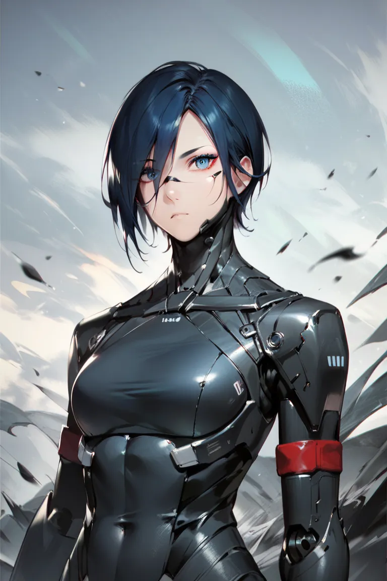 One woman, mature, anime, female anime character, black hair, blue eyes, dark blue eyeliner, expressionless, black short hair swept over left eye, sharp balanced face, small chest, black slim mechanical body frame, a loose jacket, a black cloak, a black fa...