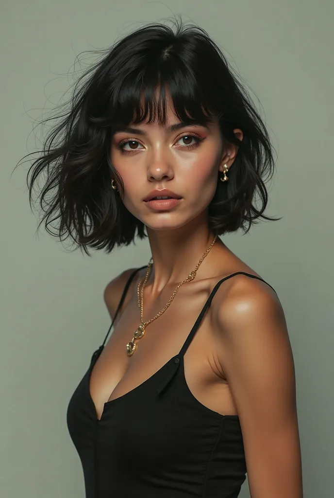 Beautiful girl with short shoulder-length hair, fringe, black and wavy, indigenous traits, camisa babylook preta, collar black t-shirt with features on an Amazonian landscape or white background.