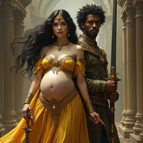 Pregnant woman she is white of skin and with my black hair queen dress in yellow with guns of war in her hands next to her husband black man who is he Brazilian curly hair in afro weapon 