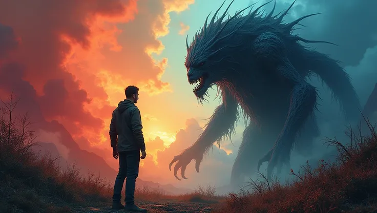 Hyperrealistic image, colorful atmosphere, there are many details, a man is standing, And a dark, evil creature whispering in your ear