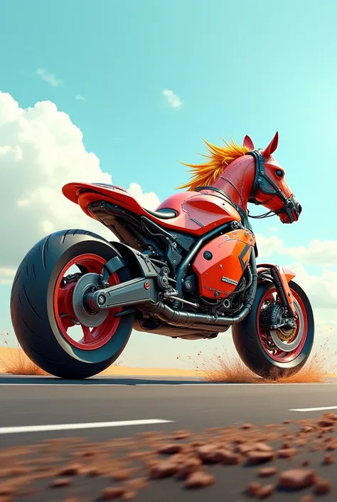 half-horse-half-motorcycle hybrid with wheels instead of legs, racing, fantasy, dynamic composition, bright colors, detailed environment, high-speed lines, digital art, side view, futuristic concept
#ИИ #нейросеть #нейросеть_рисует #арт