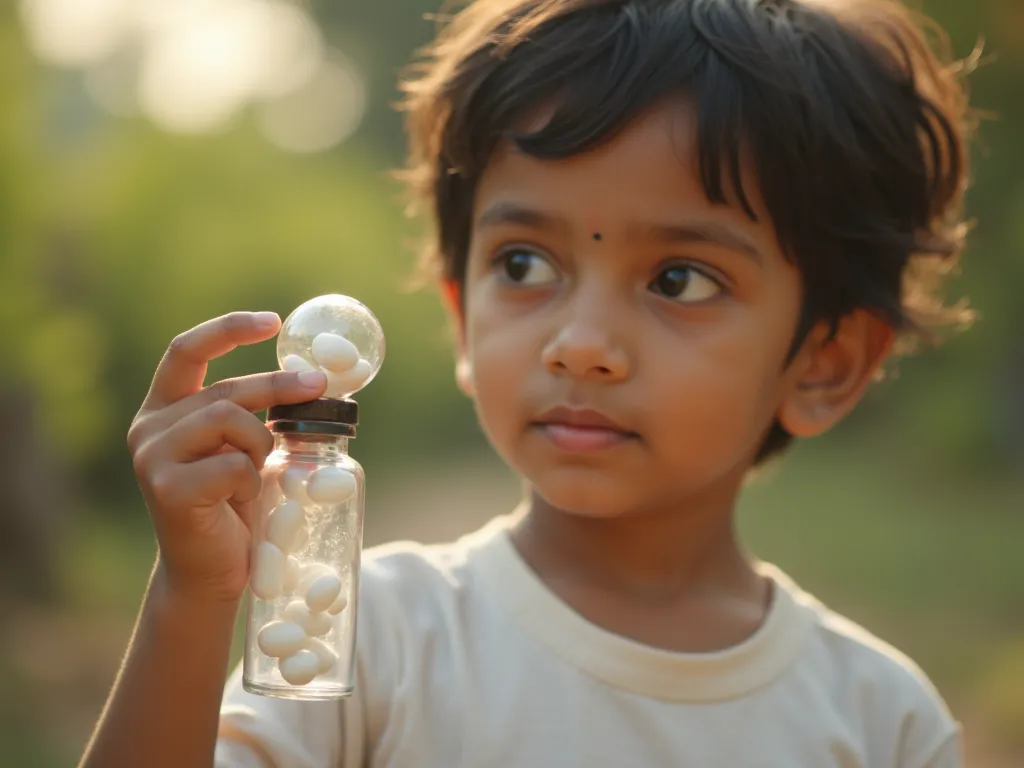 homeopathy white big globules in a glass vial with a rubber stopper cap, healing aura, a superkid dressed by An international fashion designer brand,as an enchanted creative Indian  cute baby actor holding the glass vial in a free play environment , it’s t...