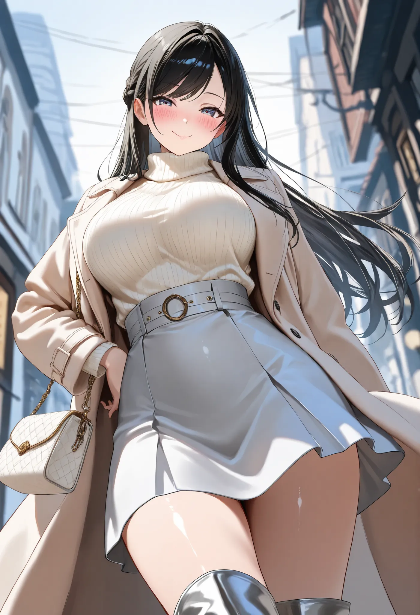 (best quality, masterpiece, ultra detailed, high resolution), Beautiful 8K CG artwork, Enriched photography, anatomically accurate body, depth of field,  1girl, elegant yet sexy girl, (long hair, black straight hair, swept bangs), 
round large breasts, bre...