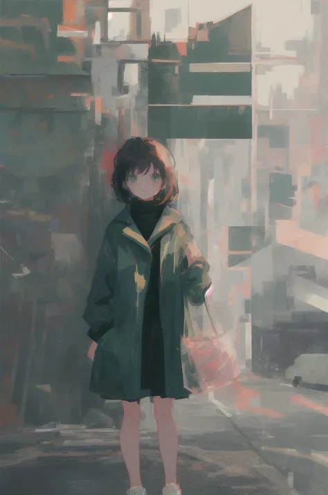 1girl, short black hair, green eyes, chibi only, cute, masterpiece, depth of field, best quality, great quality, pastel colors, pea coat, 1990's city aesthetic, city girl