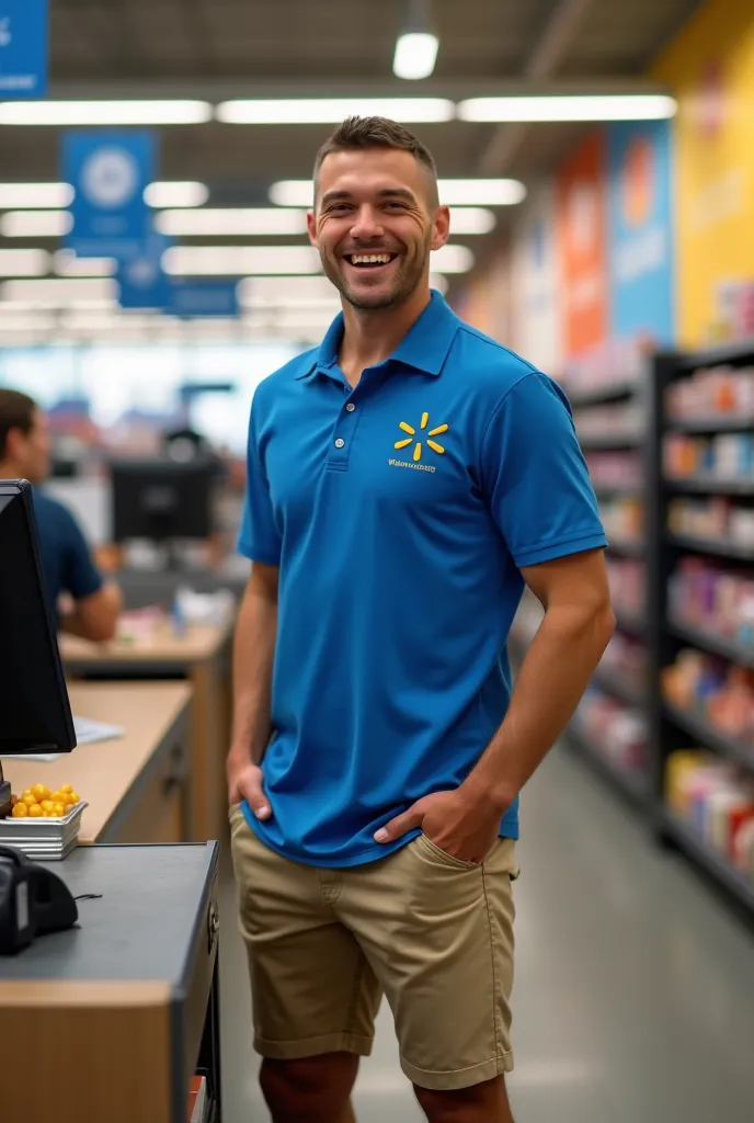 Gay man in shorts working at Walmart 