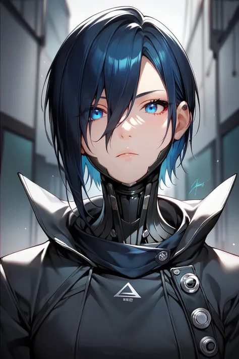 One woman, mature, anime, female anime character, black hair, blue eyes, dark blue eyeliner, expressionless, black short hair swept over left eye, sharp balanced face, small chest, black slim mechanical body frame, a loose jacket, a black cloak, a black fa...