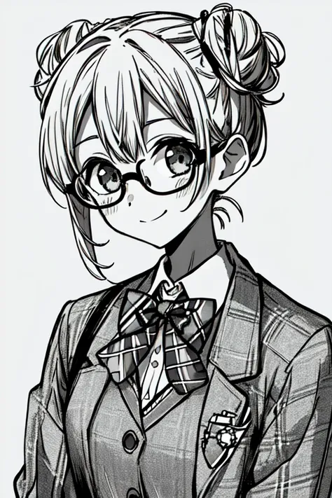 1girl, monochrome, greyscale, glasses, solo, double bun, hair bun, bow, opaque glasses, round eyewear, smile, upper body, plaid bow, jacket, blush, bowtie, simple background, school uniform, shirt, collared shirt, sidelocks, closed mouth, plaid bowtie, whi...