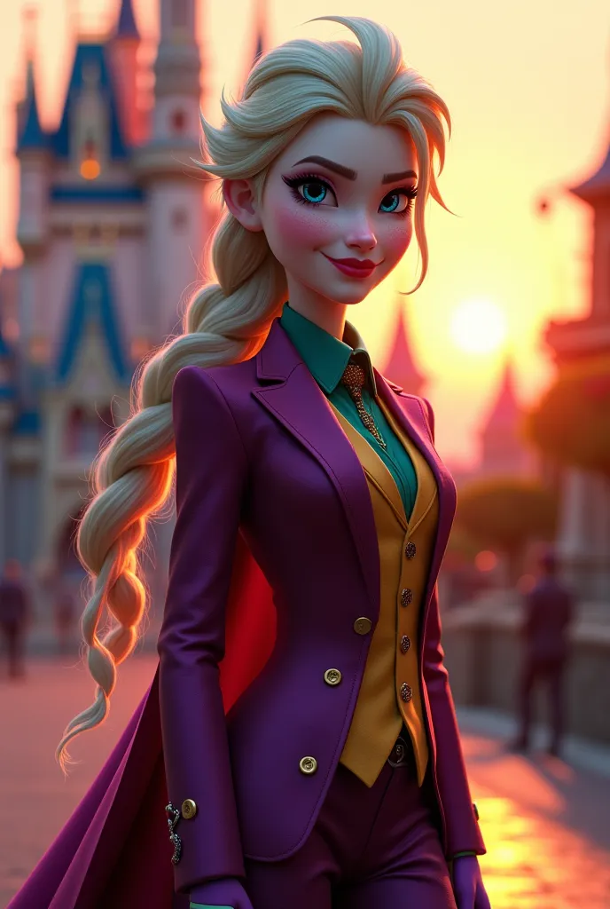  Elsa hybrid fusion with Joker, walking, using clothesandshoes joker's,, front view, Disney Pixar style, big eyes, intricate details, cinematic rendering, art by Eli Roth, Disney castle in the background, beautiful sunny day, glow and cozy lighting, master...