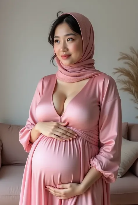  30 year old asian woman in hijab  ,  wore a pink dress  , naked,  Huge breasts Cleavage visible, pregnant