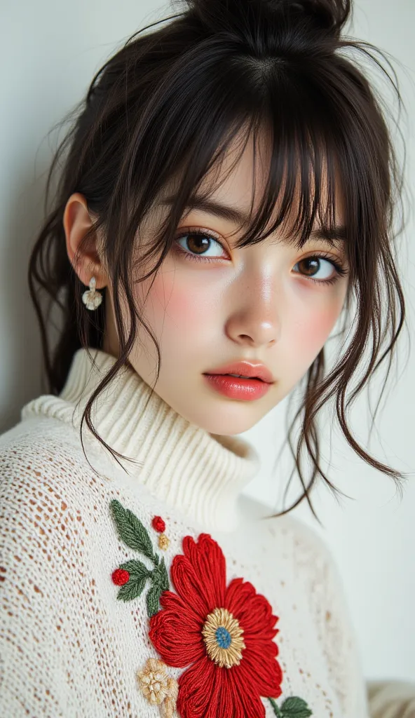 8k, masterpiece, highest quality, mullet hairstyle gir, floral embroidered white sweater, red flowers, delicate features, soft lighting, elegant, fashion photography, high resolution, detailed, realistic