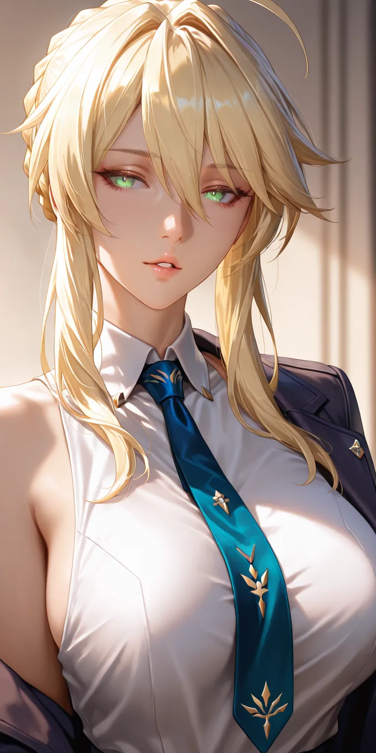 Masterpiece, very aesthetic, vibrant, high contrast, mature woman, milf, artoria pendragon (lancer) (fate), upper body, tie, sleeveless collared shirt, side boobs, open jacket, soft light, honkai: star rail cg style, semrealistic, best quality, seductive, ...