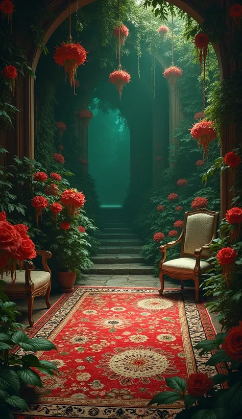 A traditional theme includes a brown rug with a hella with green and red hellish flowers