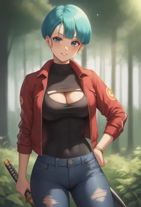 dark atmosphere in oil paint in 32k full HD high quality plasticized perfect skin , Sexy girls Bulma Dragon Ball attractive in tight Red Fire jacket with denim neckline ripped black pants holding a black blade katana with gold handle, in a forest of dark t...