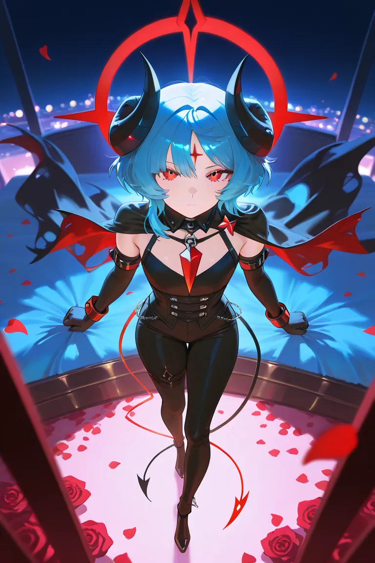 masterpiece, best quality, incredible quality, Alone, From above, An androgynous boy , blue hair, Red eye cross bangs,  bed, heterochrome,  curled horns , sheep horns, black horns, black capa, black elbow gloves, (torn cloak),  black pants,  long legs, ret...