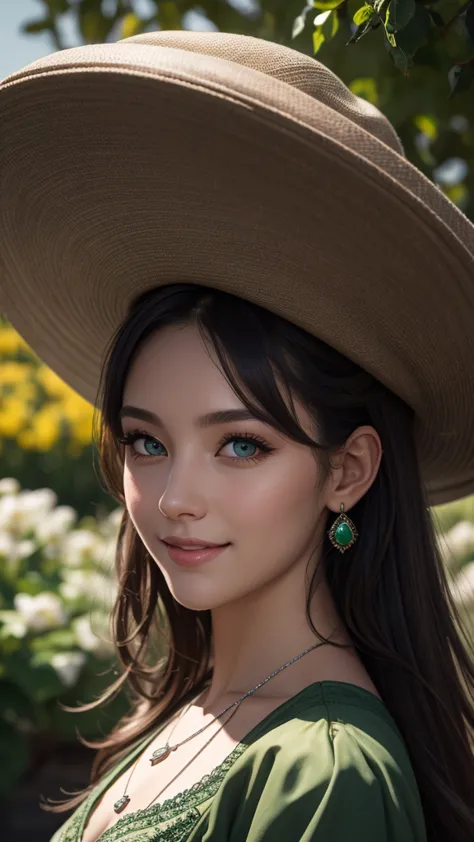  Tiffany Aching in a green dress and black witch hat, silver horse necklace, Brown eyes