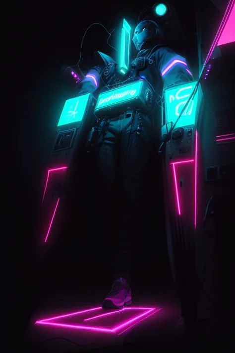 a close up of a person standing in front of a neon sign, drawn in a neo - noir style, neon noir, by Jack Boul, laser wip, full portrait of electromancer, inspired by Syd Mead, glowing lights! digital painting, 