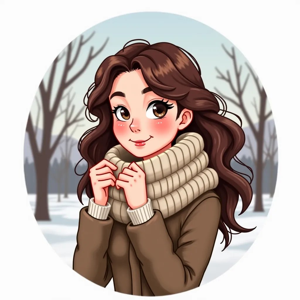 **Prompt Description:**  

A **27-year-old** beautiful woman with wavy brown hair stands outside in the cold, wearing a thick, knitted scarf wrapped snugly around her neck. She gently adjusts it with both hands, making sure it covers her well against the c...