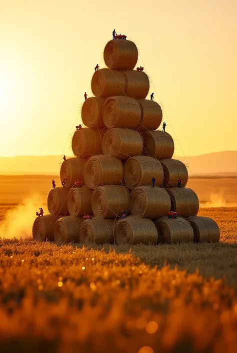 A towering haystack being constructed like an ancient monument by tiny farmers, each carefully placing golden bales in perfect alignment. Some are driving minuscule tractors, others are securing the structure with strands of twine, and a tiny irrigation sy...