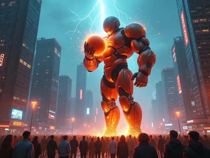 In a neon-lit cyberpunk city of towering skyscrapers, a gigantic cyborg—half-human, half-machine—stands atop a hovering platform. His enormous mechanical arms, made of liquid metal, grip an oversized Moro orange infused with bioelectric energy. He bites in...